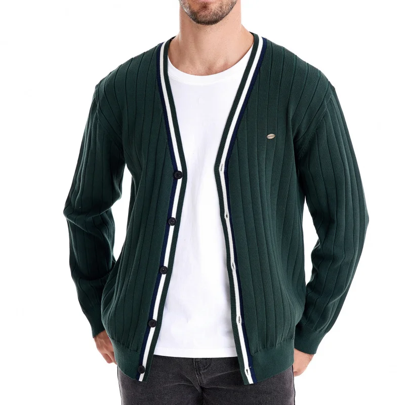 2025 Spring and Autumn New Men's Business Rest V-Neck Striped Breathable Knitted Fabric Versatile Long Sleeve Sweater Jacket