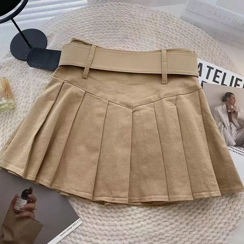 Korean Y2K High Waist Mini Skirts for Women Summer Sexy Casual Solid Slim A-line Gothic Anti-Glare Short Pleated Skirt with Belt