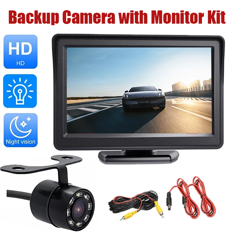 HD Backup Camera Kit with a 4.3-Inch Display, Includes an 8 LED Front And Rear View Camera System,for Cars,Pickups, Trucks, Suvs