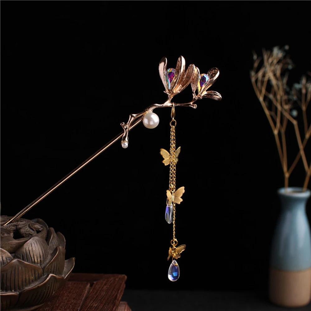 Ornaments Chinese Flower Butterfly Tassel Ancient Style Hanfu Hair Accessories Pearl Hair Sticks Plate Hair Fork Tassel Hairpin