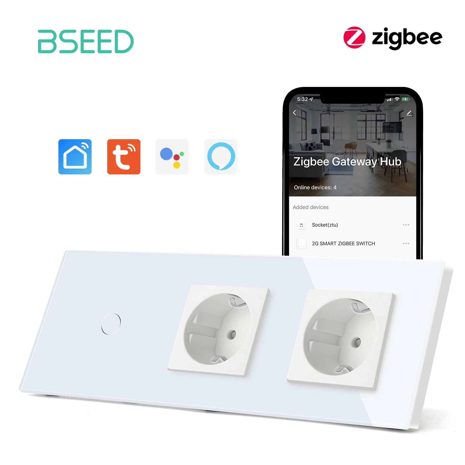 

BSEED Zigbee Wifi Touch Light Switches 1/2/3Gang 1Way Smart Wall Switches Wireless Control App With EU Standard Wall Sockets