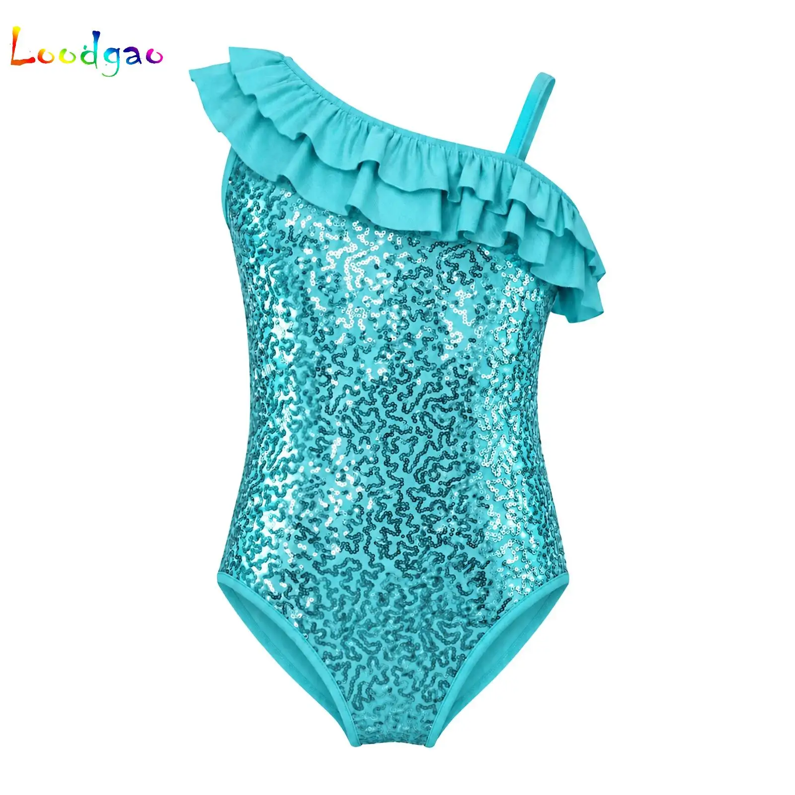 Kids Girls Sequins Gymnastics Figure Skating Stage Performance Costume Ballet Jazz Dance Leotard One Shoulder Ruffles Bodysuit