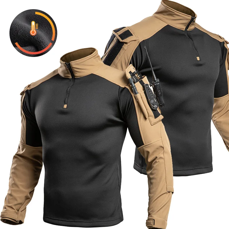 Men Warm Winter Fleece Combat Shirt Quick Dry Military Long Sleeve Shirt with Arm Pockets Outdoor Hiking Airsoft Hunting Clothes