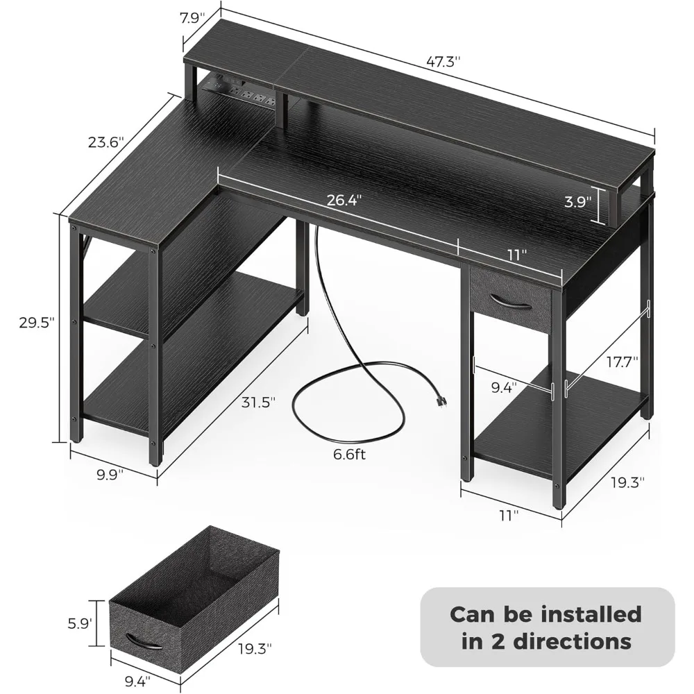 47 inch Reversible L Shaped Desk with LED Lights & Power Outlets, Computer Desk with Shelves & Monitor Stand, Gaming Desk