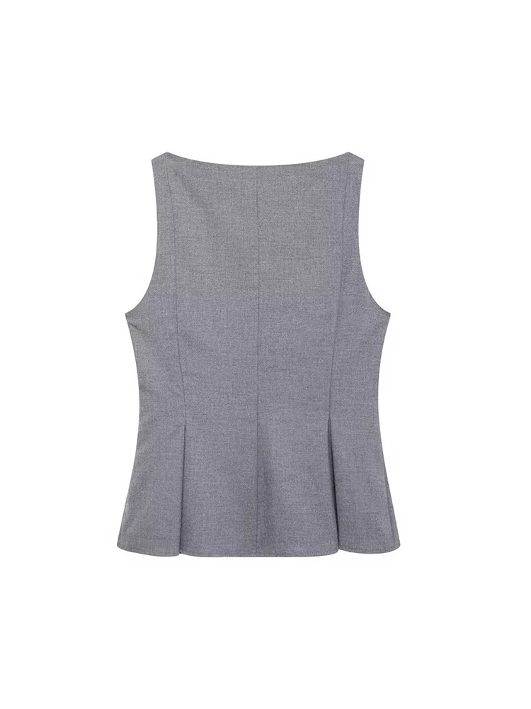 Willshela Women Fashion Grey Pleated Double Breasted Side Zipper Vest Vintage O-Neck Sleeveless Female Chic Lady Tank Tops