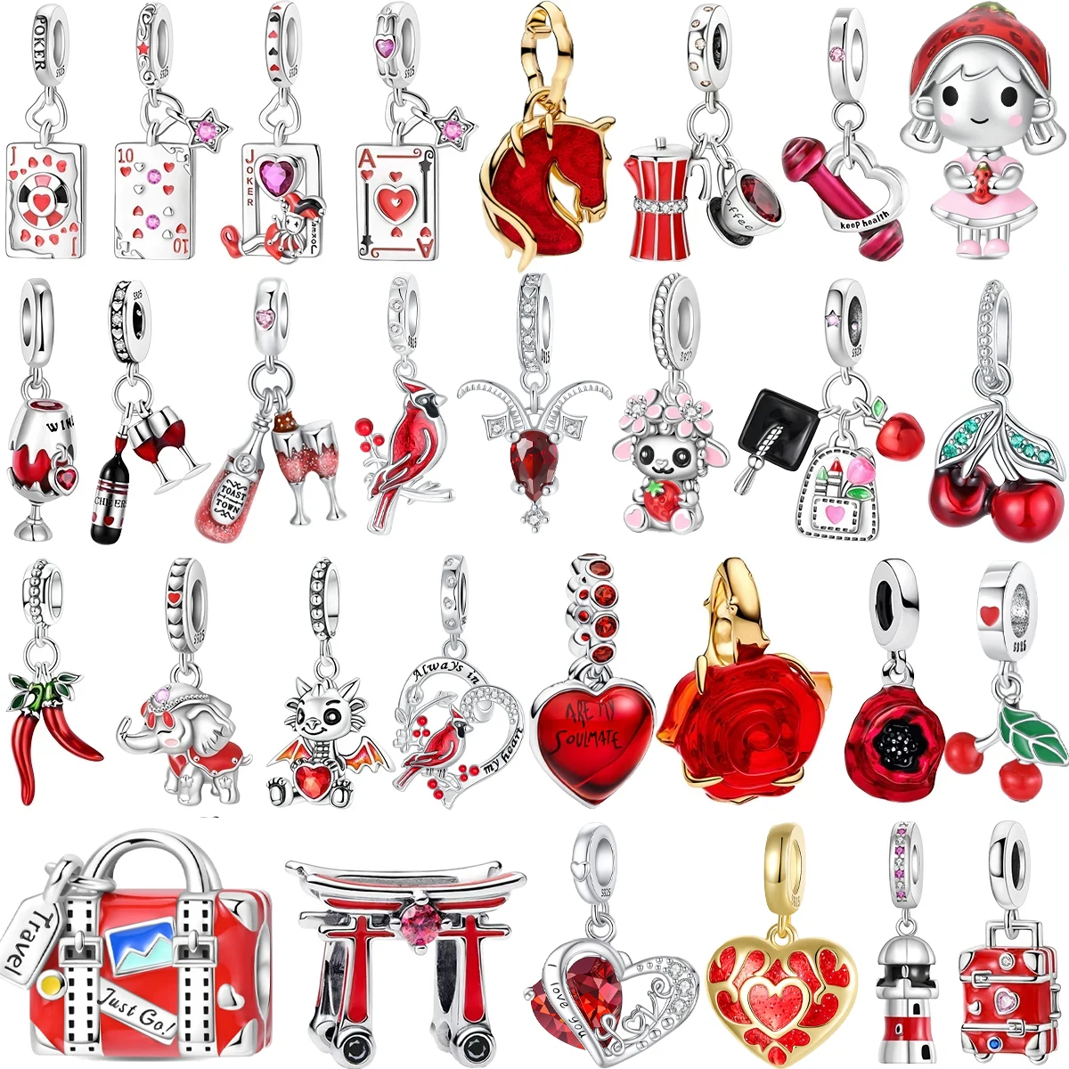 

Original 925 Sterling Silver Red Series Charms Heart Butterfly Flowers Apple Beads Pendants Fit Bracelets DIY Fine Jewelry Gifts