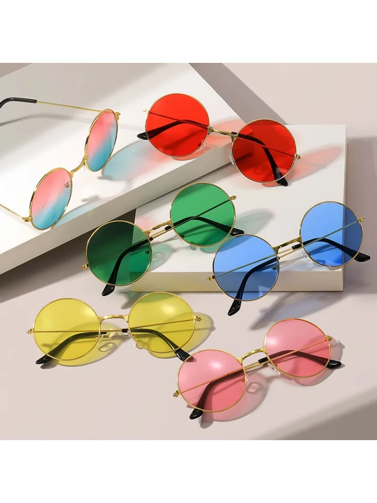 Lunettes de soleil rondes en métal pour femmes et hommes, style disco hippie, pour soirées et danses