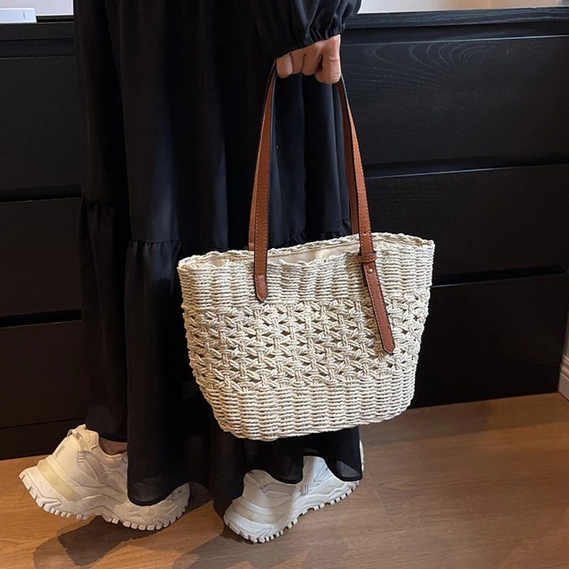 Designer Casual Rattan Wicker Tote Bag Große Kapazität Gewebt frauen Sommer Strand Stroh Handtasche Dame Reise Großen Korb – Detail 12