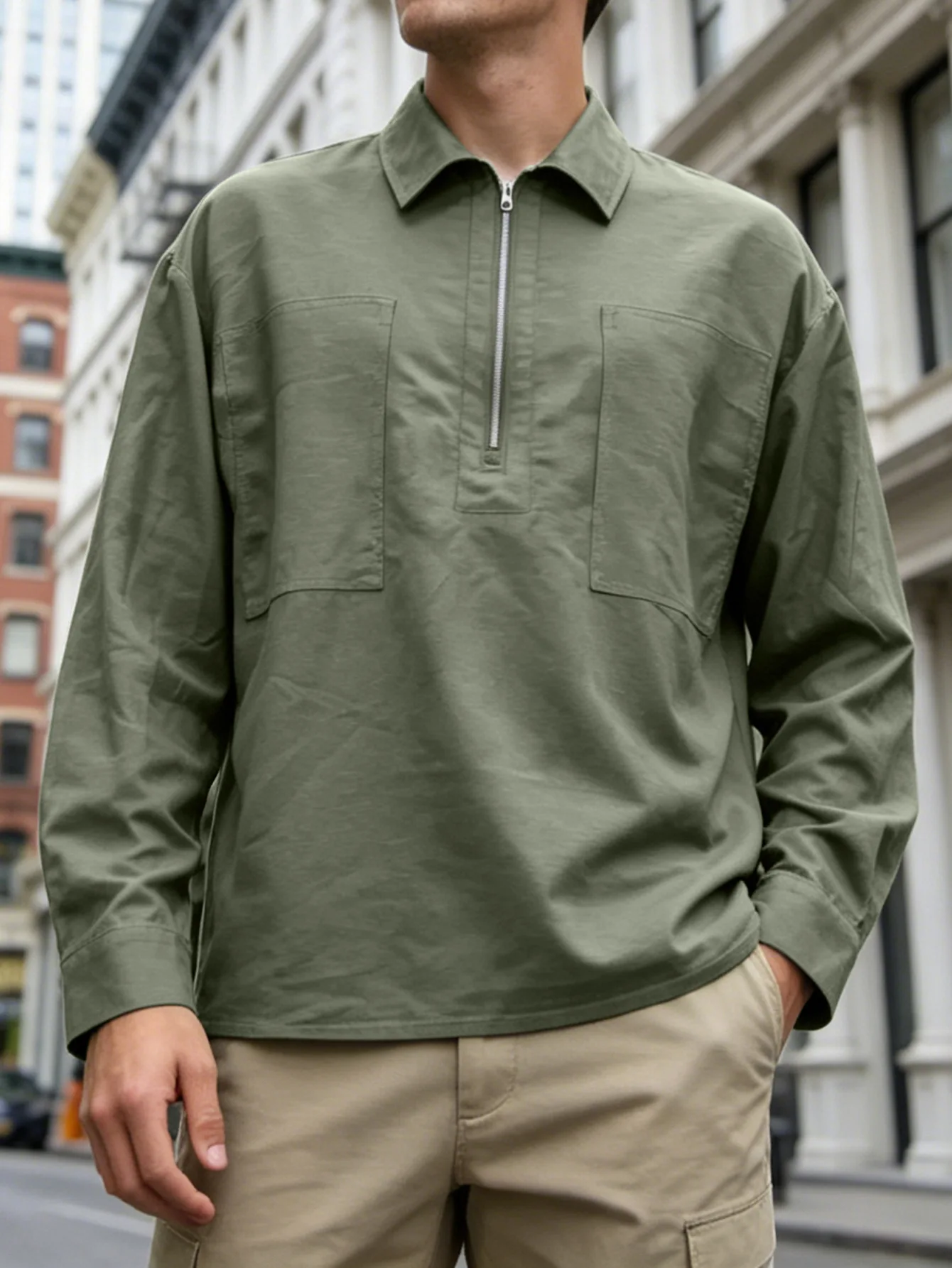 Men's Textured Solid Quarter‑Zip Pullover Shirt Casual Streetwear Loose Fit Long Sleeve Turn‑Down Collar Techwear Cargo Shirts