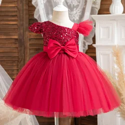 2024 Girls' Princess Dress Children's Short Sleeve 3D Sequin Party Bow Mesh Dress Dress Dress Pullover Dress