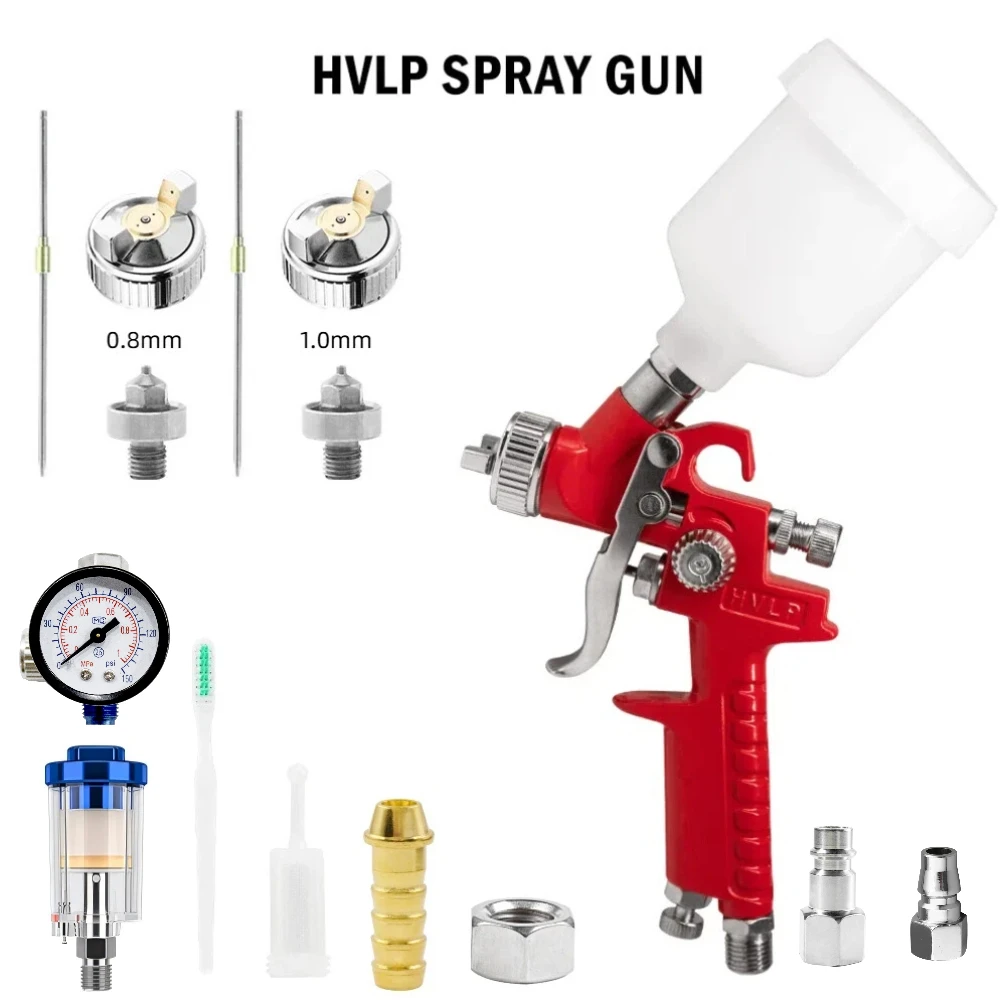 h2000-hvlpペイントスプレーヤー-08mm-10mmノズル-エア式塗装機-125mlプラスチックカップ付き、車両塗装・再塗装用、赤色