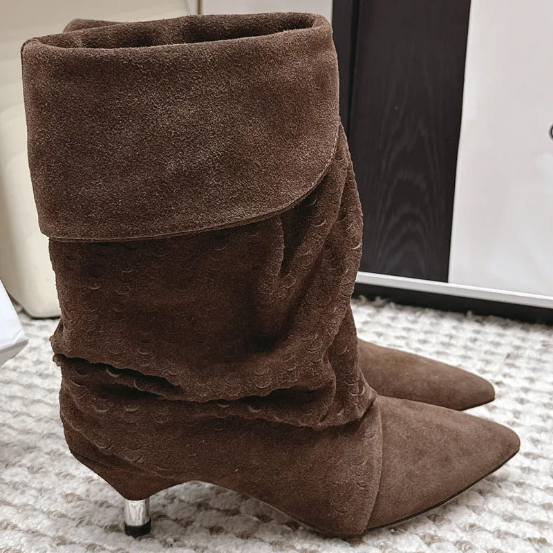 BOLOLIA Genuine Leather Women's Thin Heel Short Boots Fashion Pointed Wide Tube Folded Stacked Boots Ladies Large Ankle Boots