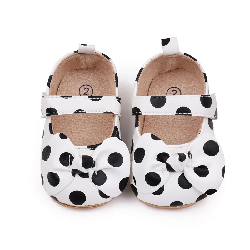 Baby Girls Crib Shoes Cute Dot Infant Bowknot Non-slip Flat PU First Walker Rubber Soft-Sole Newborn Girls Shoes