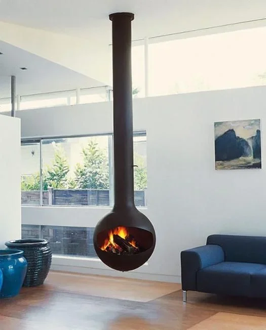 Modern wood-burning stove manufacturers decorate hanging fireplaces