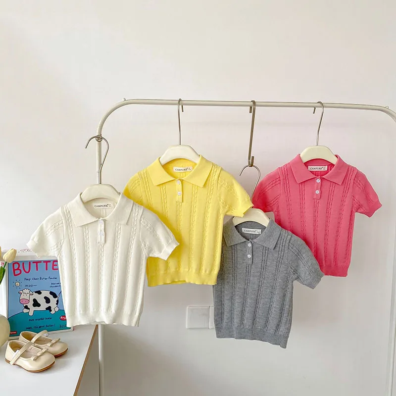 Summer Kids Polo Shirts  Solid Color Knit Girls T-shirt Loose Ventilate Children Clothes Boys Leisure Tops 18M-8Y