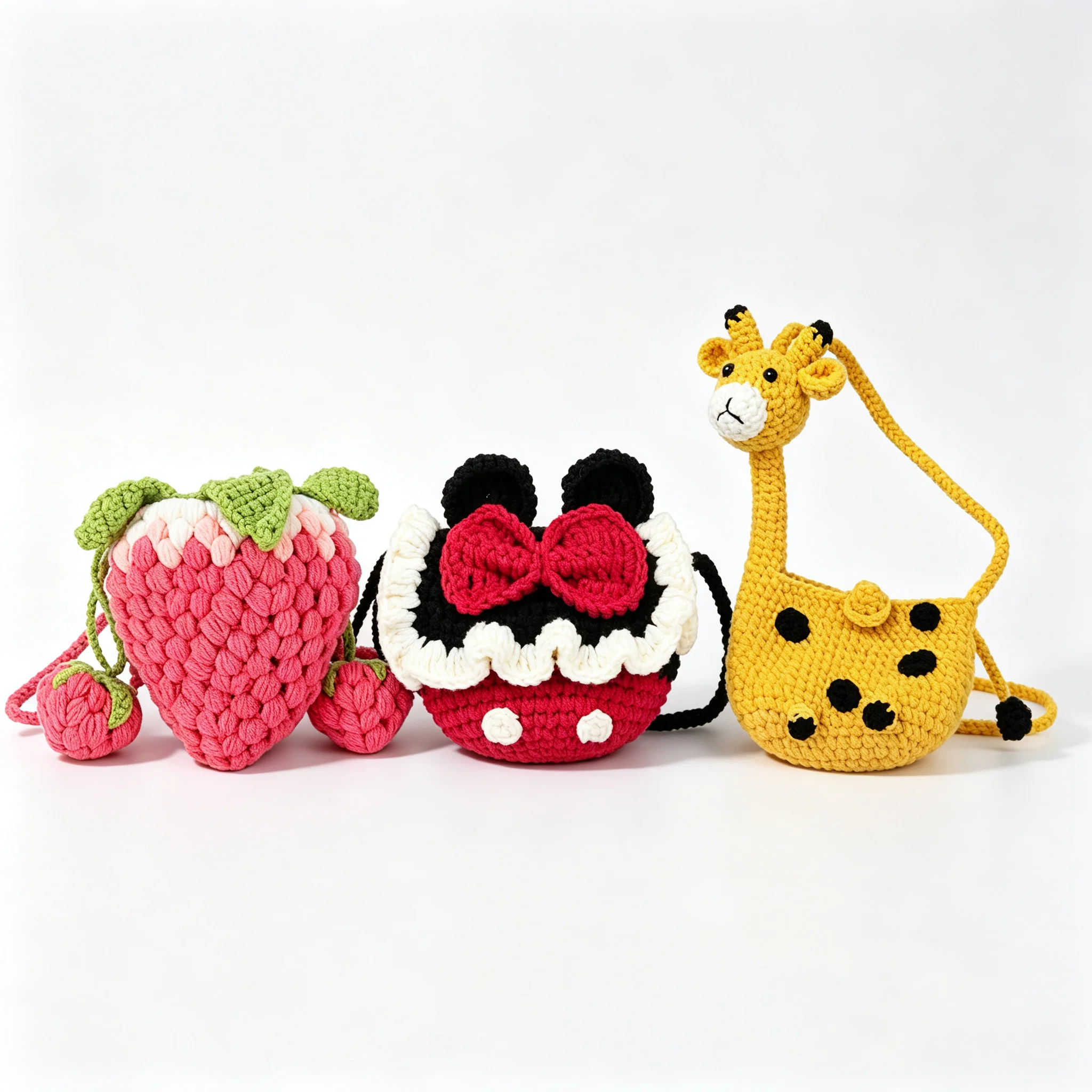 Finished Handmade Crochet Crossbody Bag, Cute Cartoon Giraffe Strawberry Princess Knit Shoulder Purse, Mini Wool Woven Coin Bag