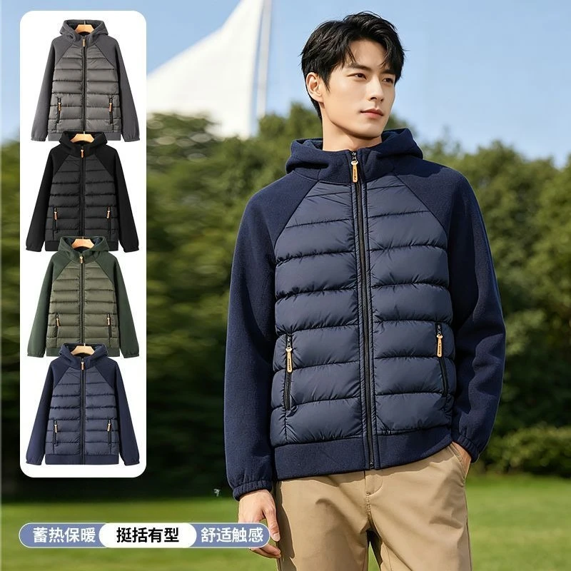 Men's Fleece Hoodie Coats Parkas Patchwork Polar Fleece Padded Zip-Up pocket Cardigan Jackets Thick Warm Coat for Men Outwear