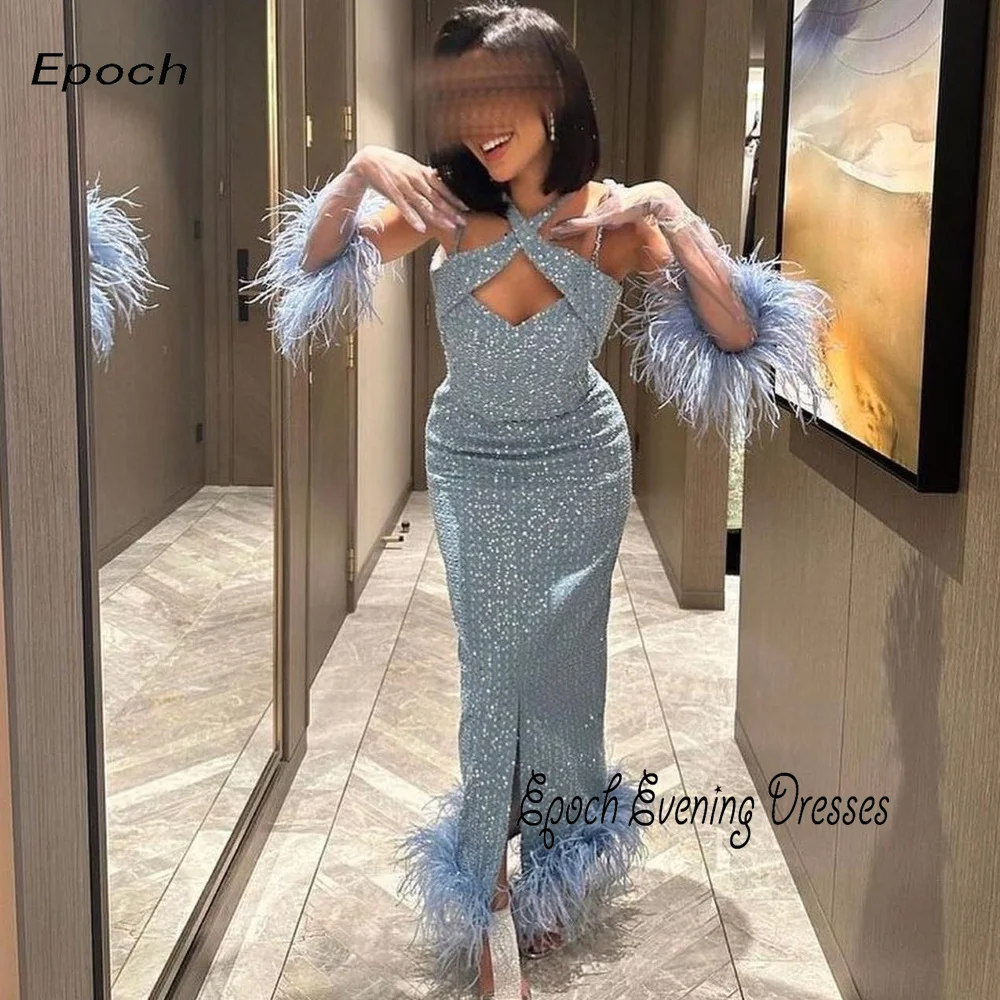 Epoch Luxury Evening Dress Elegant Feathers Sequined Mermaid Custom Made Arabia Halter Cocktail Prom Gown For Sexy Women 2024