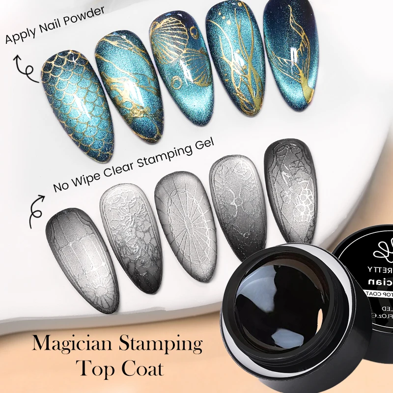 BORN PRETTY Top Coat per timbratura magica da 5 ml, senza salviette, gel per timbratura trasparente e applicare la vernice per timbratura del manicure in polvere per unghie
