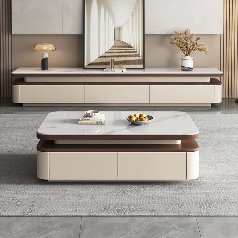 

Cream wind solid wood microcrystalline stone rock slab coffee table TV cabinet combination small apartment