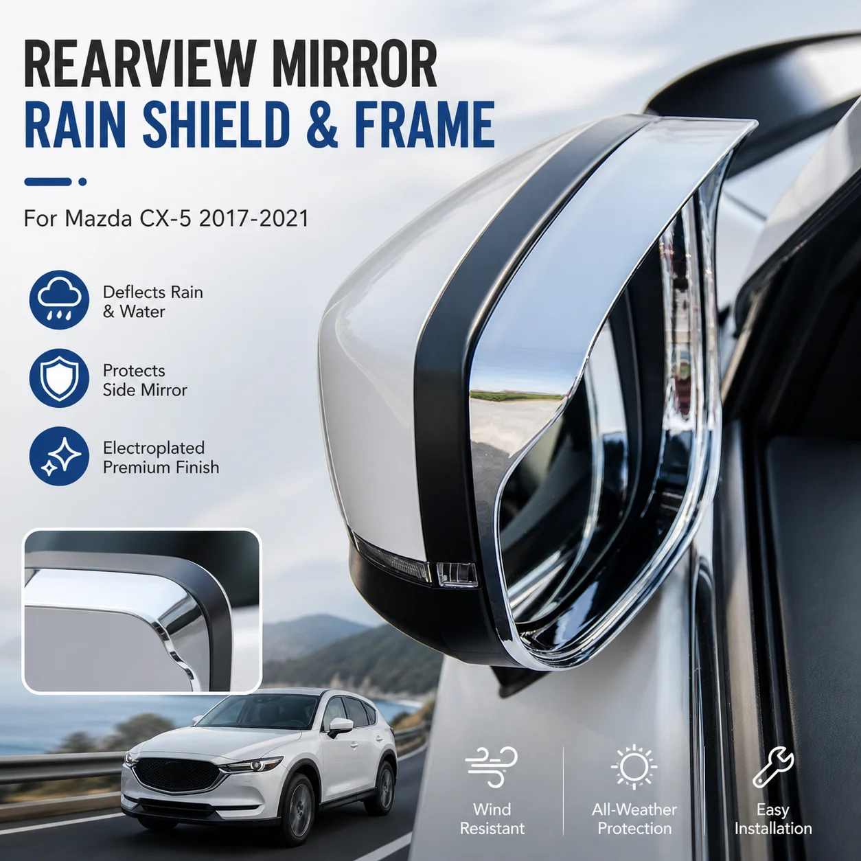 Electroplated Rearview Mirror Rain Shield & Frame for Mazda CX-5 2017-2021