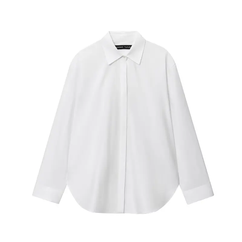 Biała, luźna, długa bluzka damska z mieszanki bawełny, modna, jesienna, nowość, uniwersalna, elegancka, kolekcja jesień 2025.