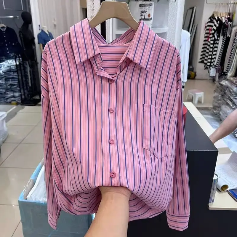 Pink Striped Long Sleeved Shirt for Women 2024 Autumn New Korean Version Loose and Fashionable Beautiful Shirt Jacket Unique Top