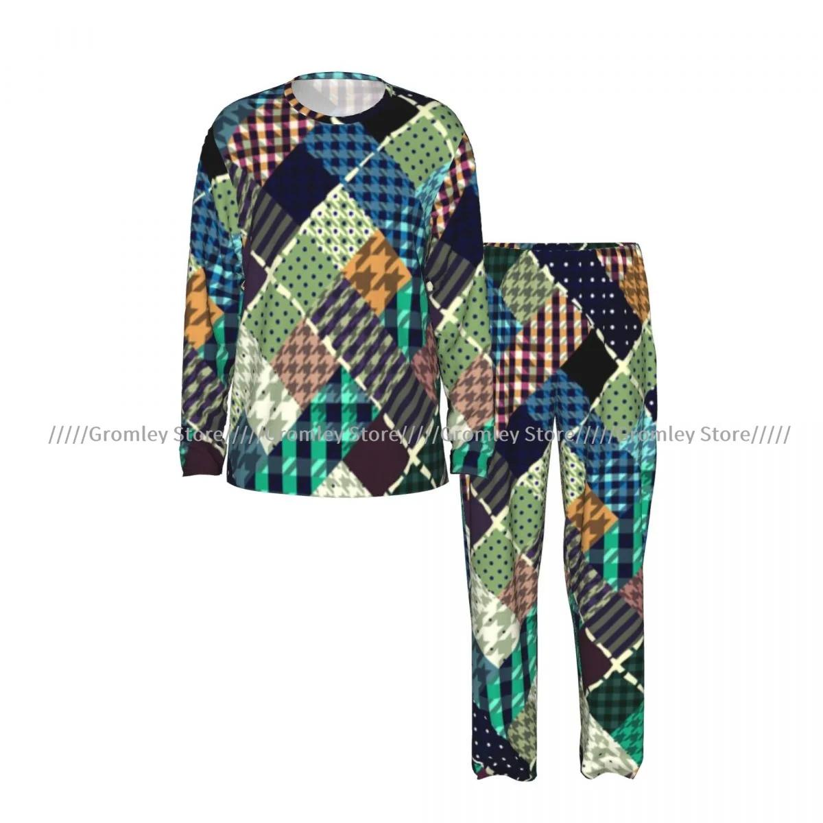 Men's Pajama Set Long Sleeve and Long Pants Plaid Patchwork Style Soft Sleepwear for Home