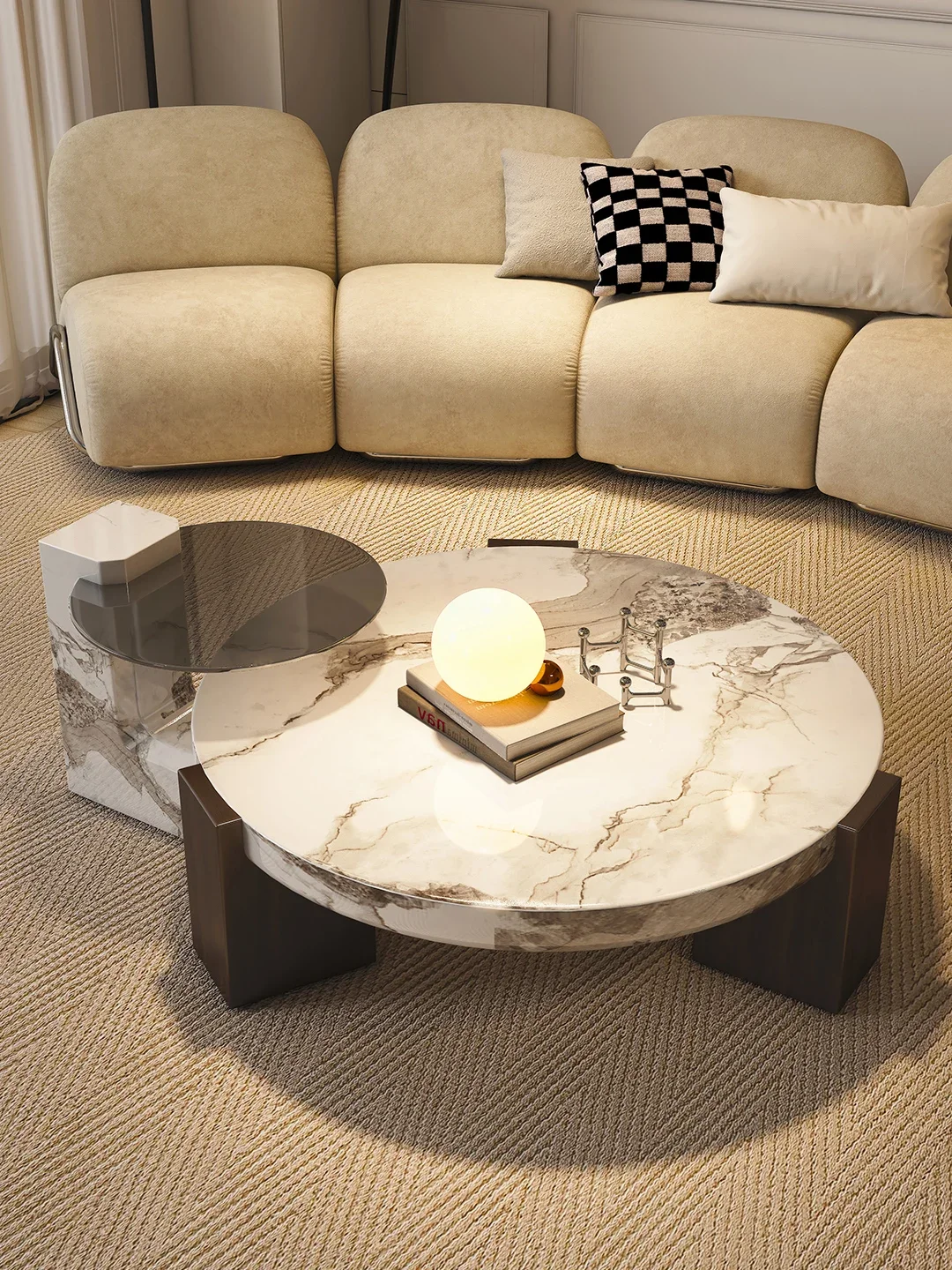 Light luxury round coffee table combination natural marble Internet celebrity child and mother coffee table modern simple high