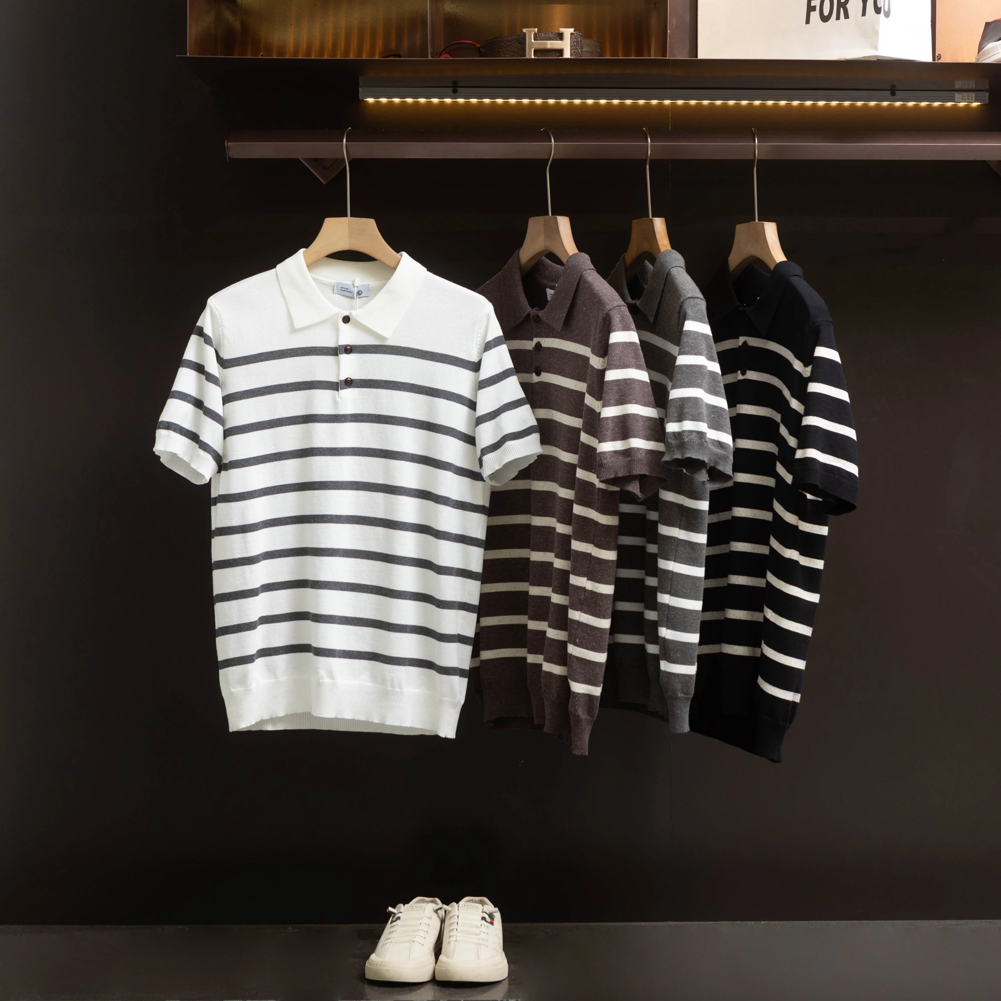 

Knit Shirt Men's Summer Stripe Texture Flap Collar Short Sleeve Breathable Comfortable Standard Fit Chinese Brand
