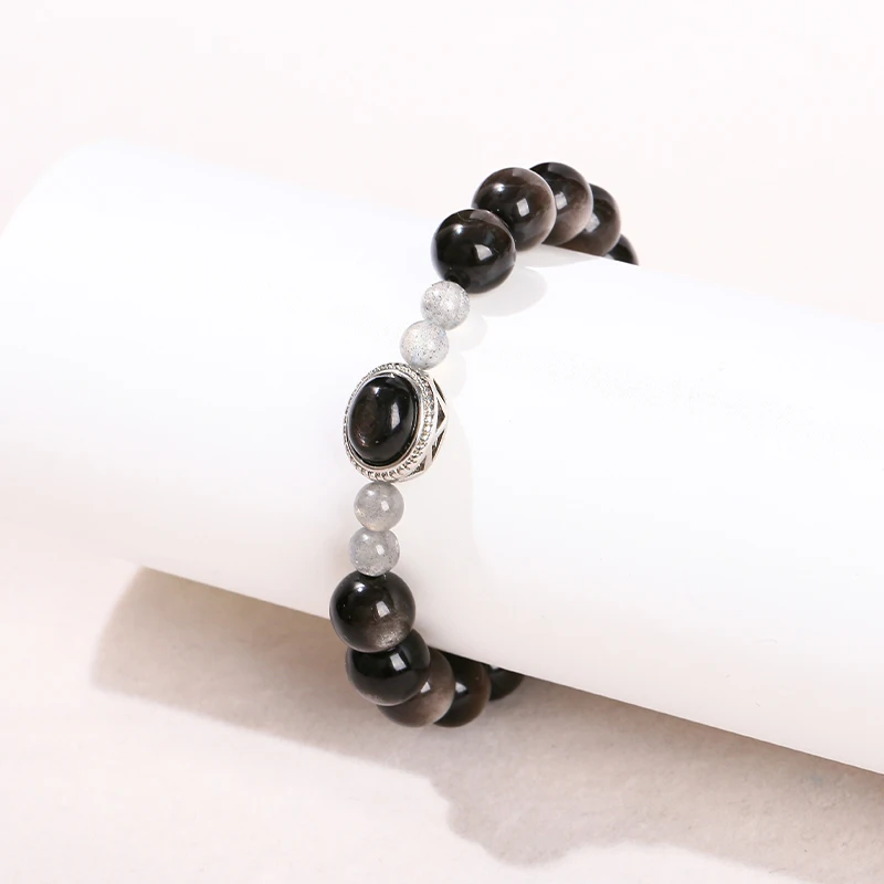 JD Natural Stone Silver Color Obsidian Hypersthene Magic Box Strand Bracelet Women Men Fashion Charm Handmade Stretch Jewelry