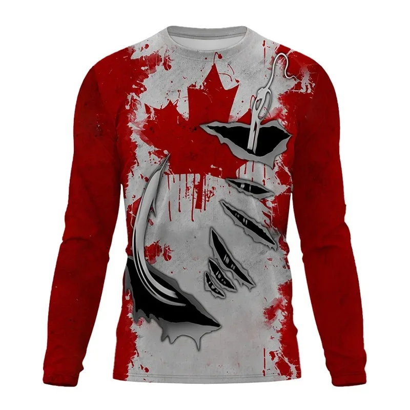 Canadian Fish Hook Pattern T-Shirt For Men Outdoor Fishing 3D Printed T Shirts Summer Casual Long Sleeves Loose O-Neck Tops Tee