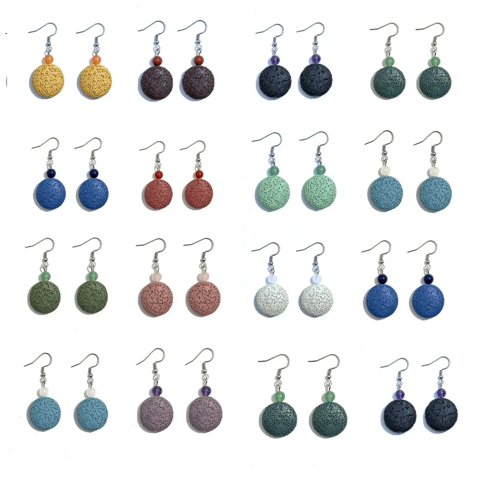 10pcs 2cm Flat Round Colorful Lava Stone Earrings DIY Perfume Essential Oil Diffuser Necklaces Jewelry Women Men Jewelry Set