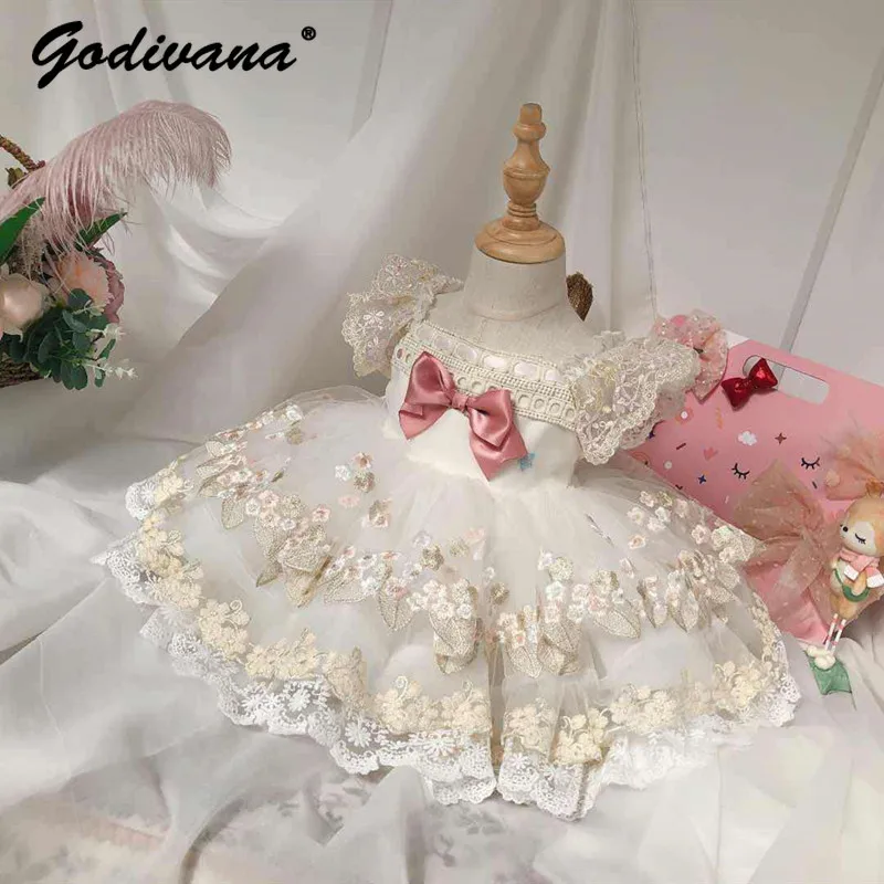 Sweet Baby Girls High End Heavy Lolita Princess Dress Kids 2026 New Summer Feifei Sleeve Lace Trim Floral Embroidery Mesh Dress