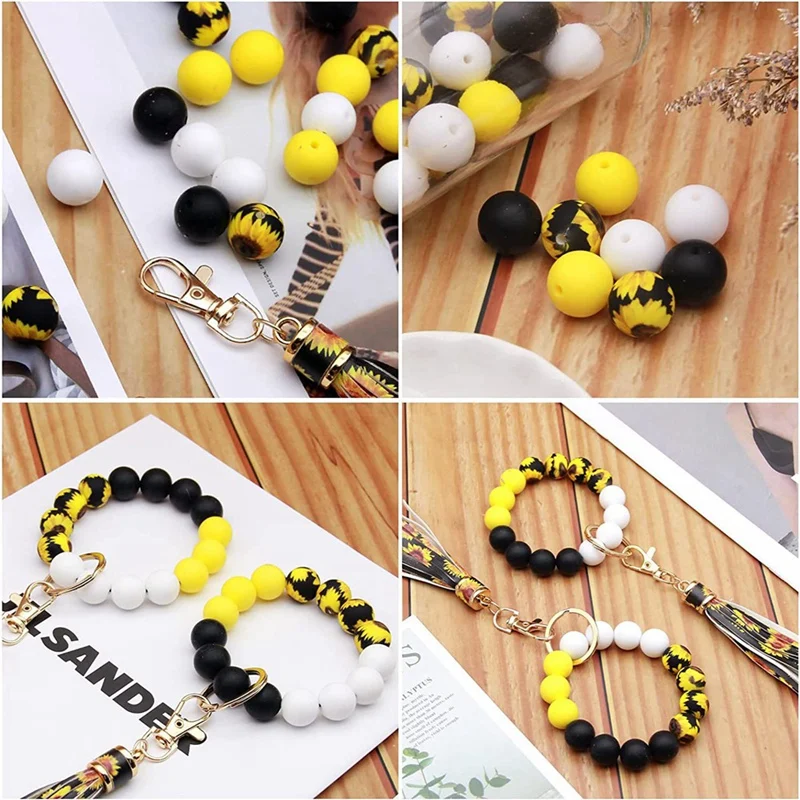 Silicone Beads For Keychain Making, 15Mm Silicone Beads Bulk Sunflower Silicone Beads With Tassel For Keychain Making