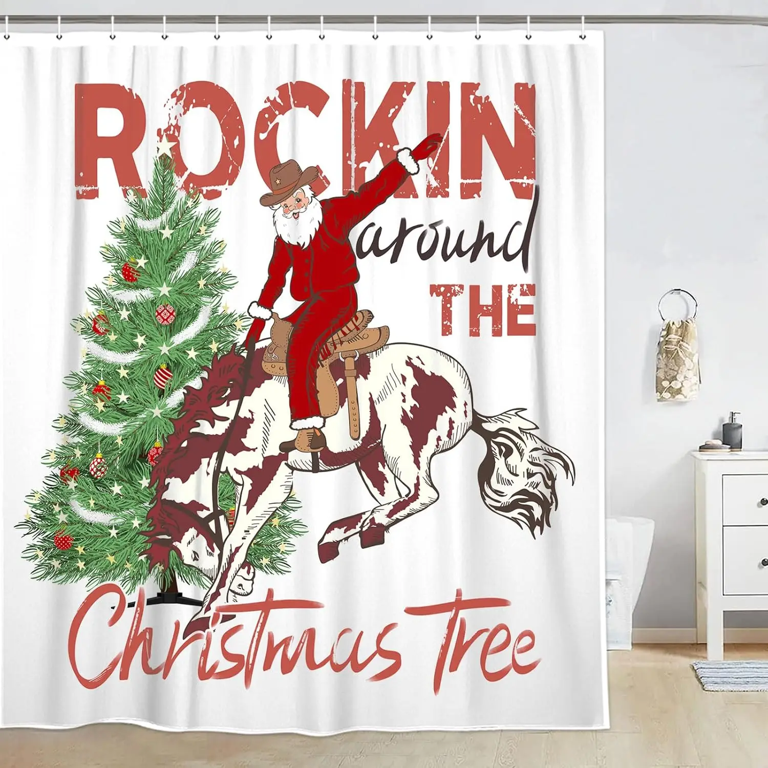 

Забавный Санта-Клаус верхом на лошади, занавеска для рождественского душа в стиле вестерн, ковбойский праздничный декор для ванной комнаты для новогоднего праздника