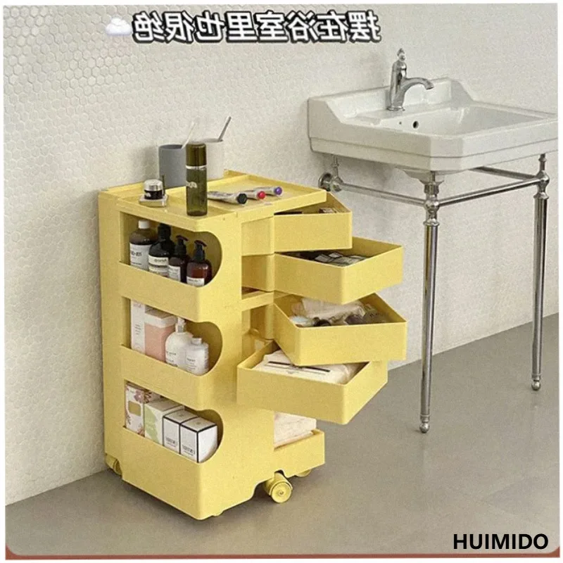 Nordic multifunctional bedside table, small, minimalist, movable, rotating, large capacity wheeled storage cabinet, snack cart