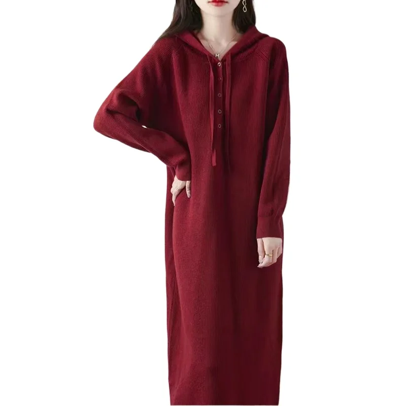 2026 Temperament Autumn and Winter Hooded Medium and Long Pit Strip Sweater Skirt Loose and Thin Meat Cover with Knitted Dress
