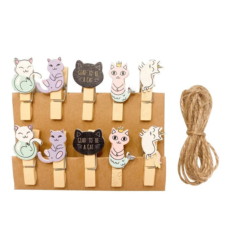 10pcs Lovely Cute Cat Wooden Mini Small Clip Cartoon Cat head Photo Paper Postcard Craft DIY Clips with Hemp Rope Supply