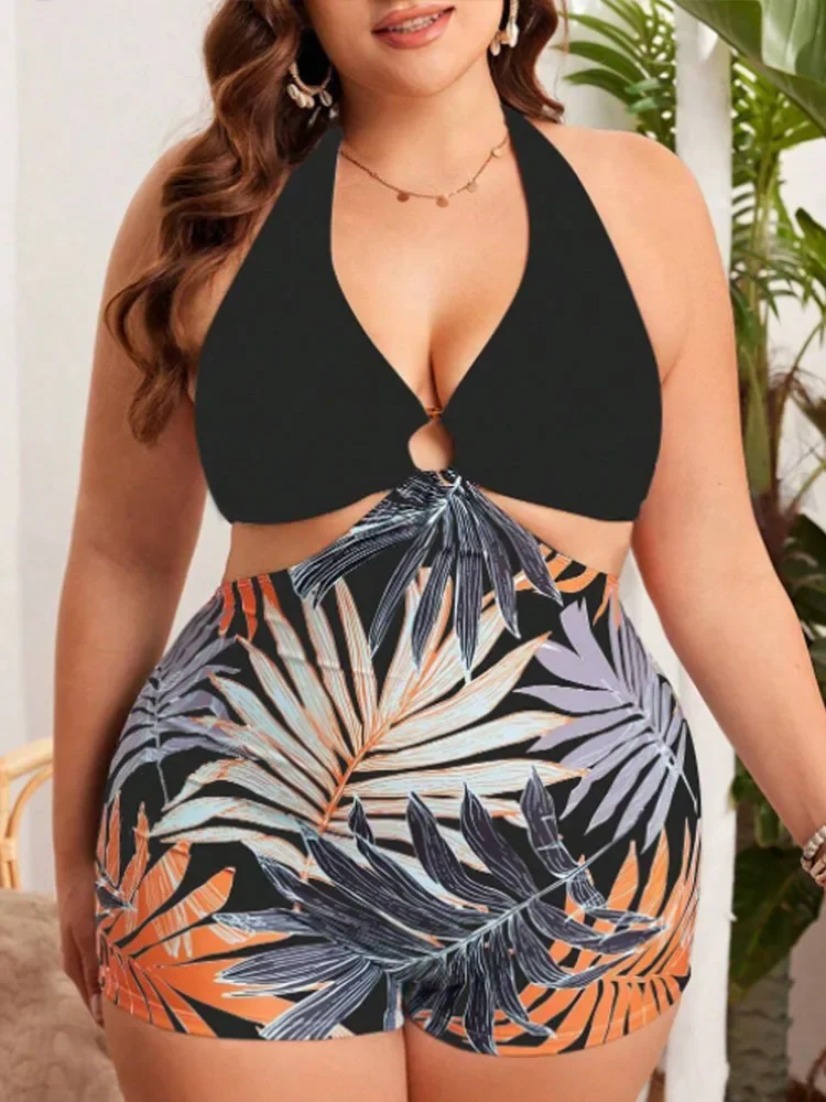 

2025 Sexy Patchwork Plus Size Swimwear Women Tied Halter Large One Piece Swimsuit Backless Beach Lady Chubby Curvy Bathing Suit