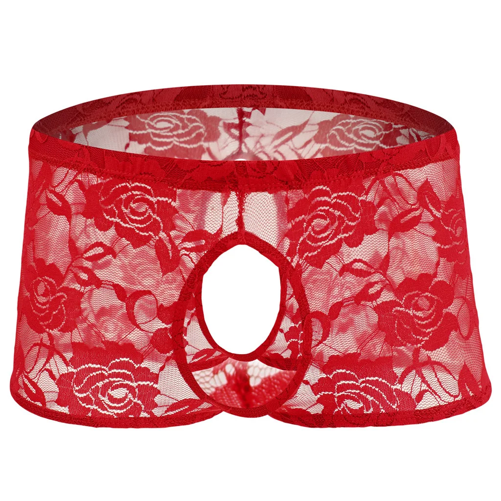 الرجال الملاكمين الدانتيل الوردي انظر من خلال الملابس الداخلية سيسي مفتوحة المنشعب الملابس الداخلية مفتوحة الجبهة القضيب سراويل كروسدريس ملابس النوم #4