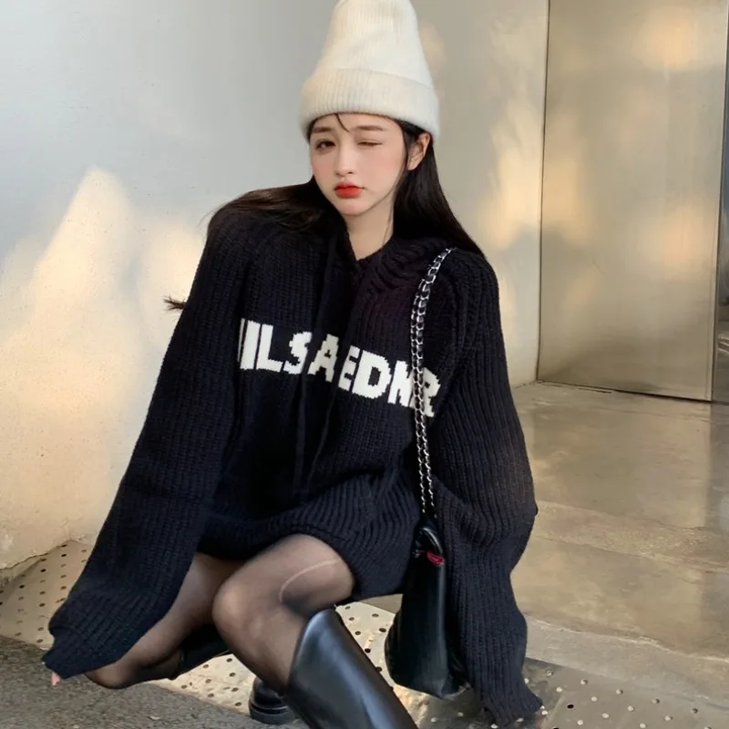 Women's Black Hoodies Pullover Knitted Sweater Vintage Harajuku Casual Y2k 90s Aesthetic Long Sleeve Knit Sweaters 2000s Clothes