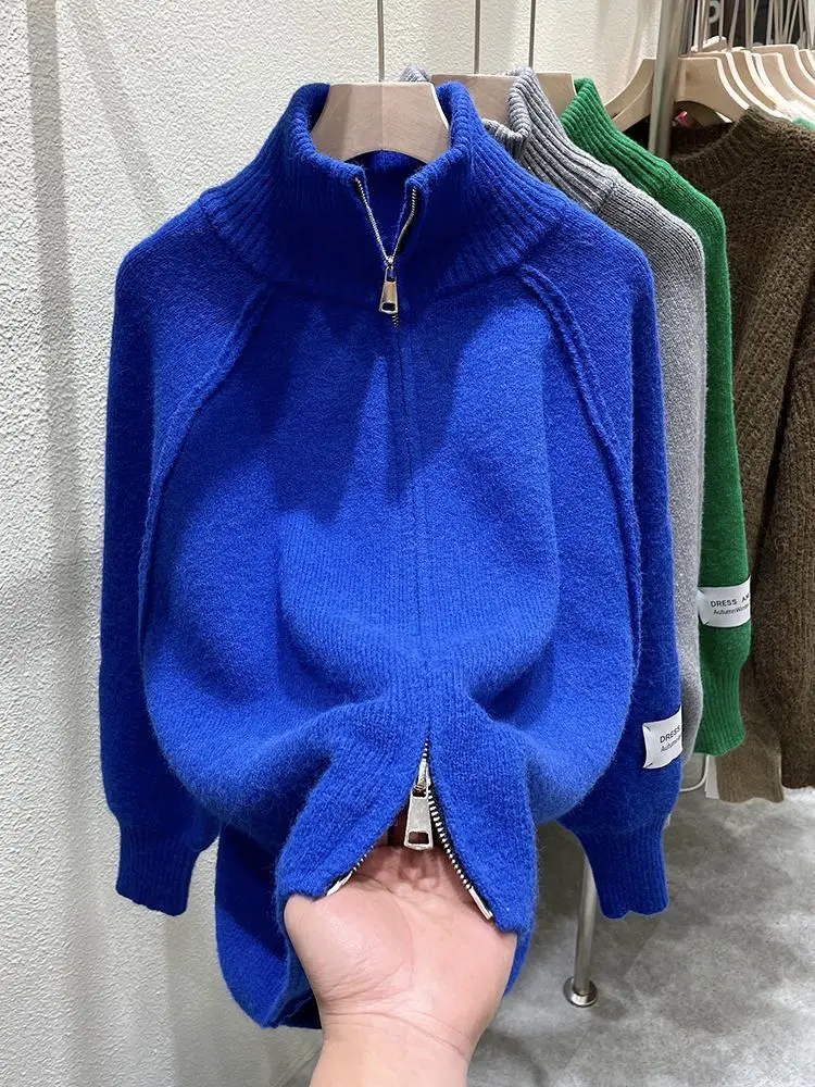 Solid Color Zippered Sweater Cardigan High Neck Sweater Jacket Blue Sweater Cardigan Loose Fitting Women\'s Coa Twomen Clothing