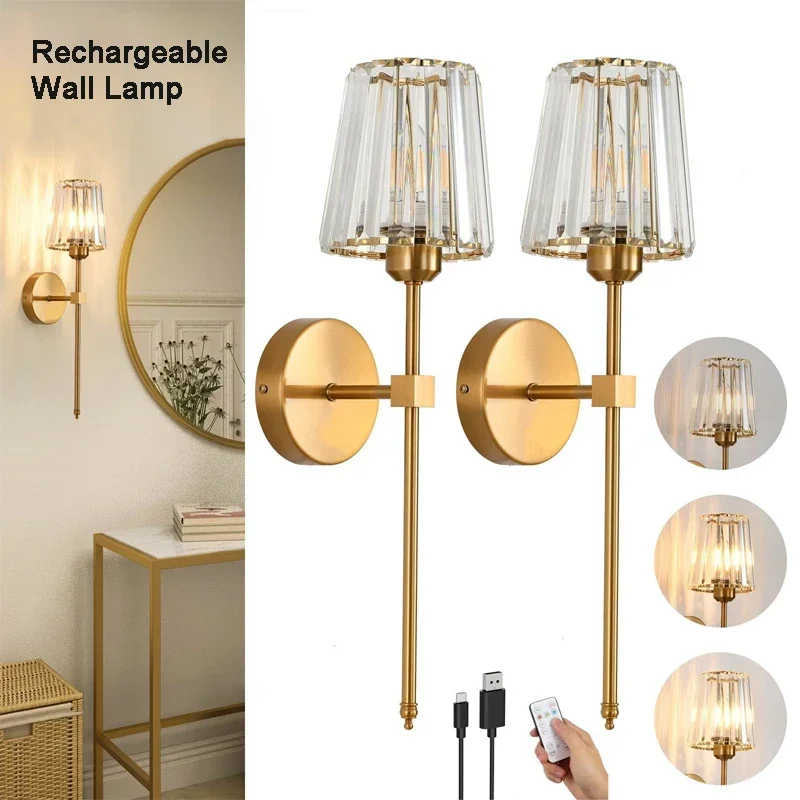 

Modern Home Decor Wall Fixtures Dimmable Bedside Rechargeable Gold Illuminated Crystal Shade Charging Wall Sconces Wall Lamp
