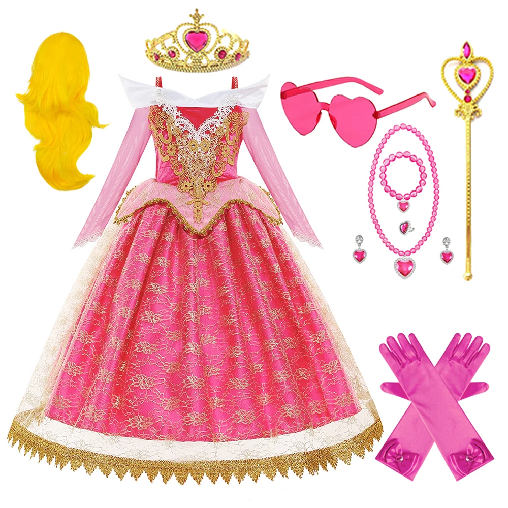 Aurora Costume Girls Pink Princess Dress Cosplay Off Shoulder Kids Fancy Birthday Party Girl Lace Sleeping Beauty Dress Sets