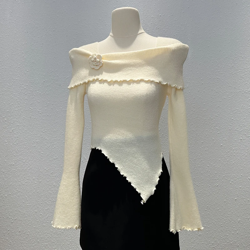 

Вязаный свитер-пуловер женский, новинка, с асимметричным вырезом, трикотажный, с длинным рукавом, топ, Q3052