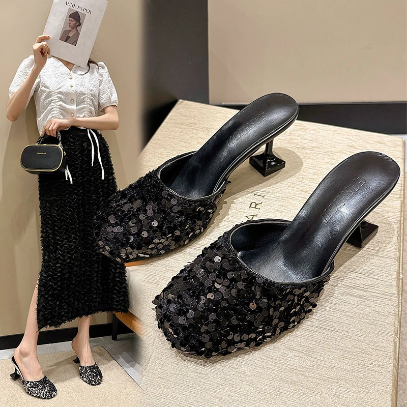 Ladies Shoes Bling Sequin Cloth Shoes Women High Heels Close Toe Slides Elegant Ladies Pumps for Solid Color Party Dress Shoes