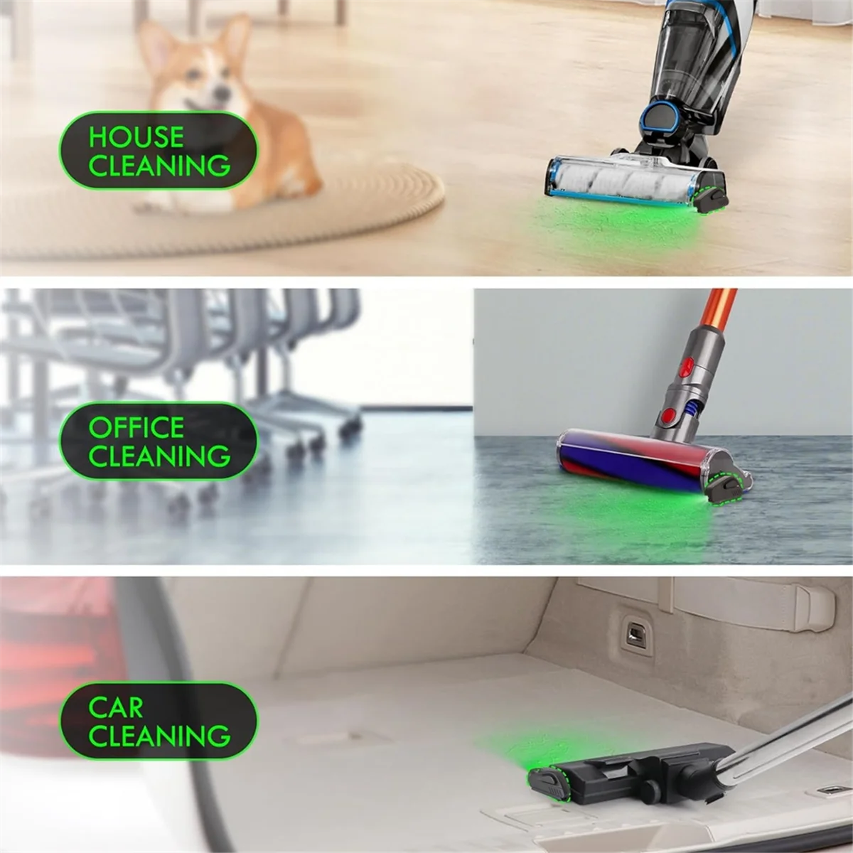 Affichage de la poussière de l'aspirateur, lampe LED, nettoyage de la poussière cachée, accessoires pour poils d'animaux, lumière verte