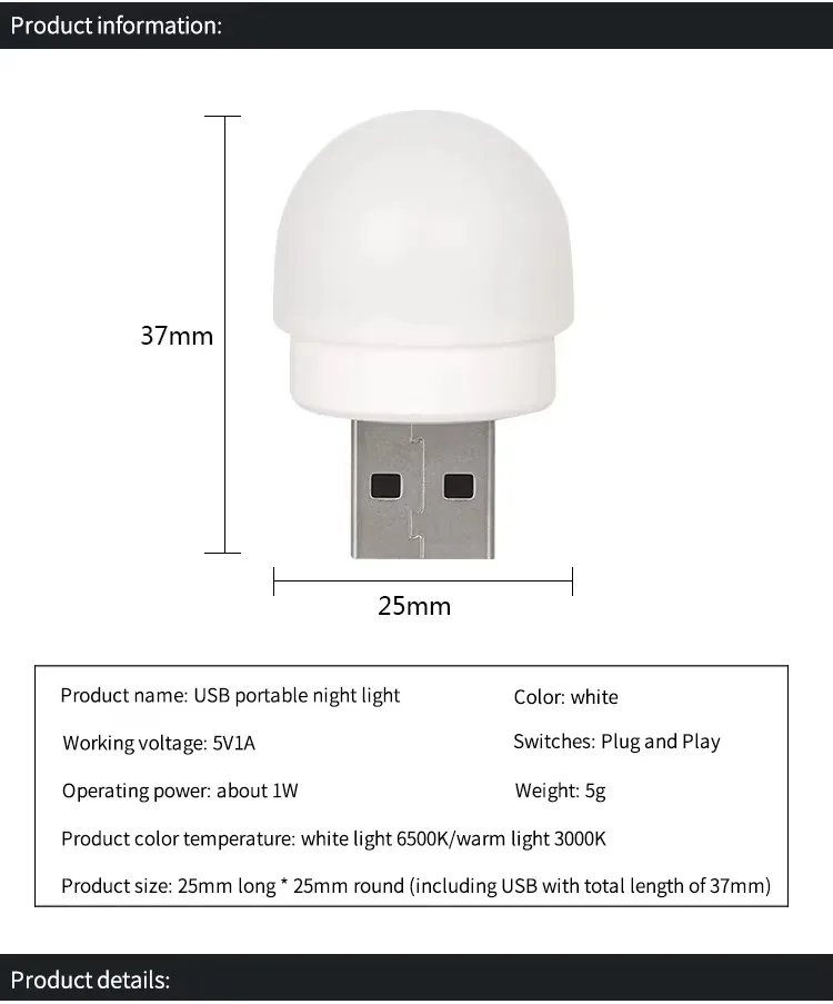 1/10/20PCS USB Night Light Warm White LED Plug-In Light Bulb Portable Home Environment Light Energy-Saving Reading Night Light