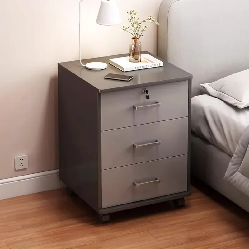 Modern Lockable Nightstand with Drawer Mobile Bedside Cabinet for Small Apartment Bedroom Rental Space Simple Design
